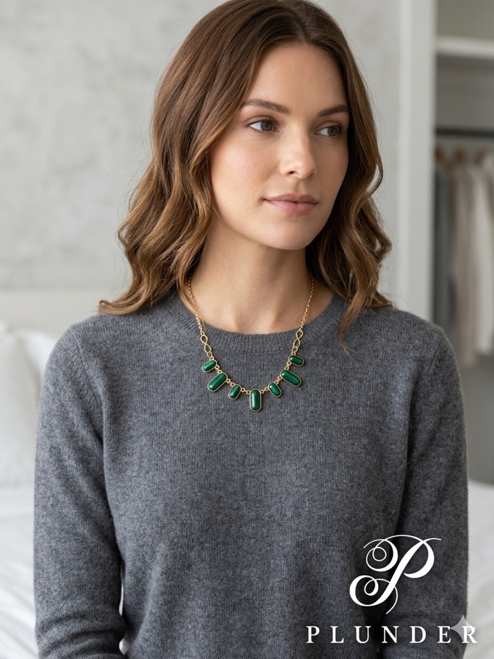 Plunder Malachite-Look Green Gemstone Gold Chain Statement Necklace